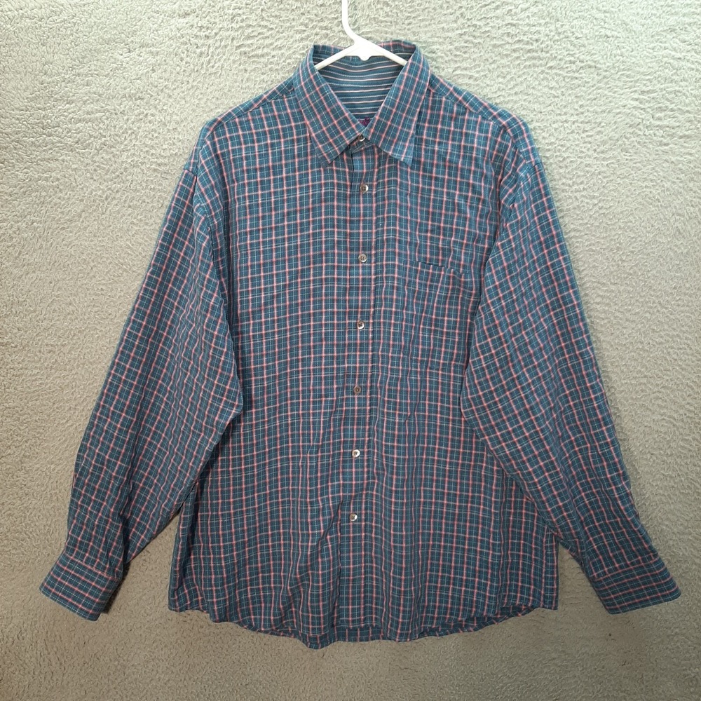 Bugatchi Uomo Shirt Adult Large Blue‎ Pink Plaid Casual Button Up Preppy Mens